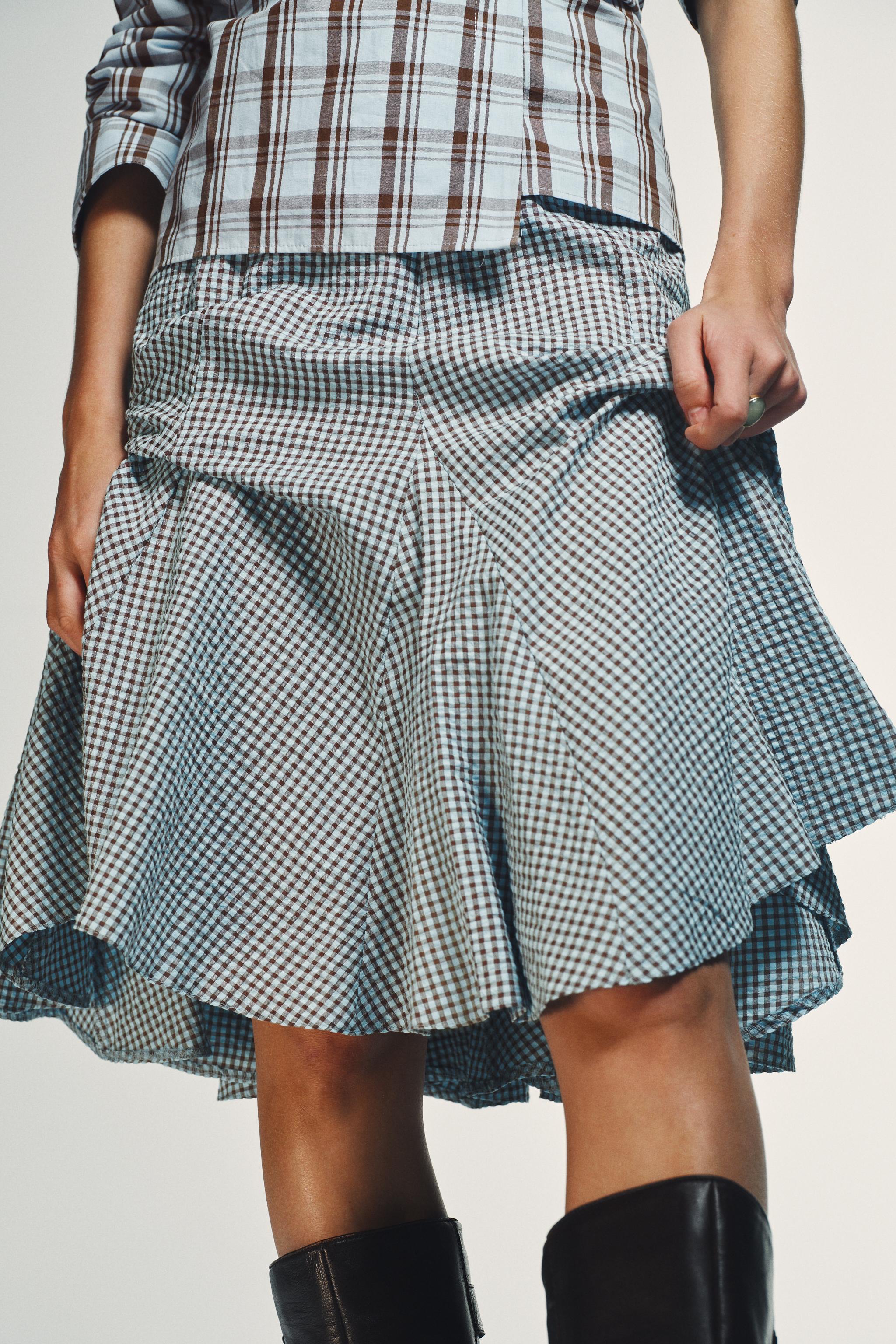 GINGHAM GODET MIDI SKIRT